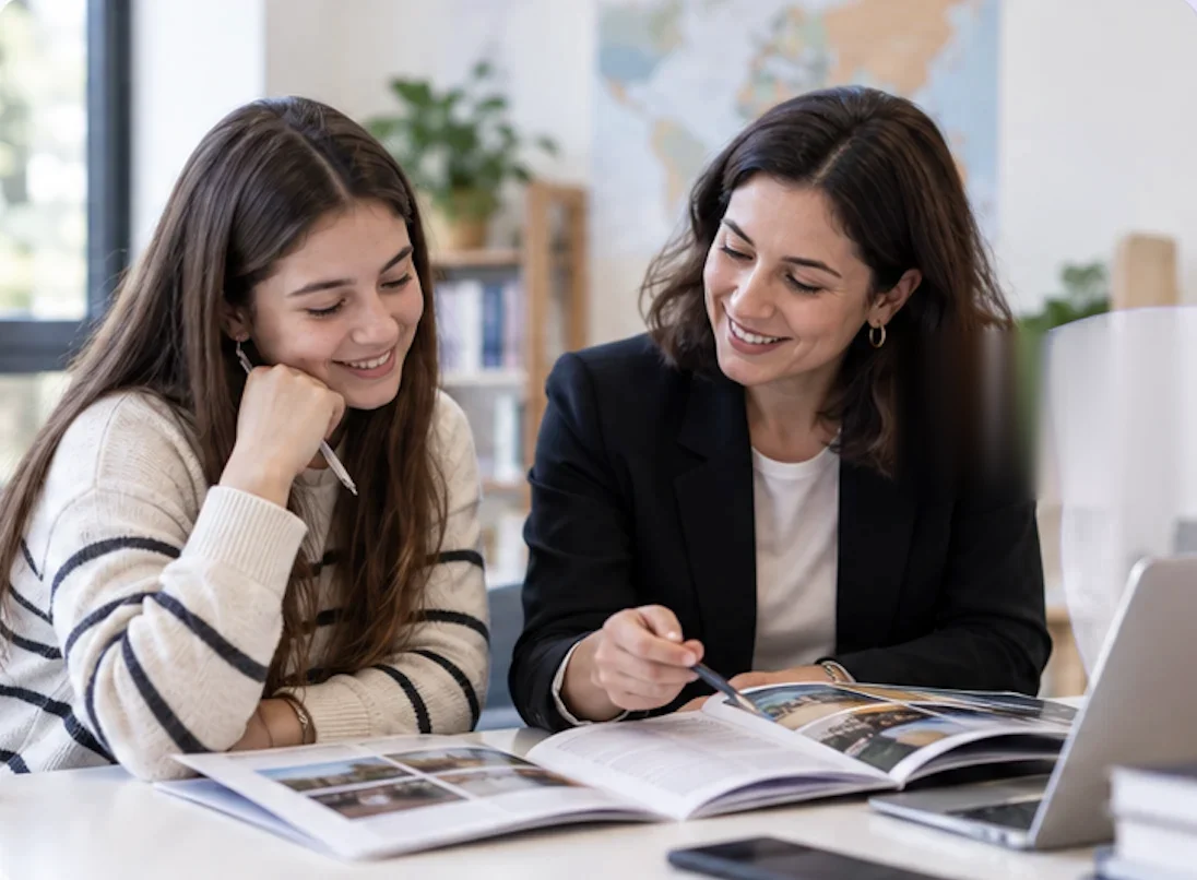 A Global Connect Advisor counselor reviewing study options with a student