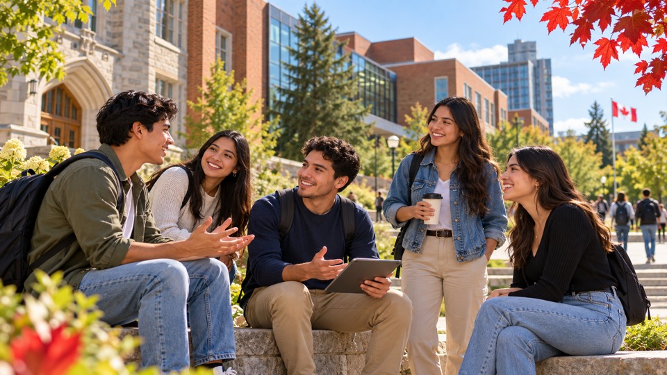 Estudiantes conversando en un campus de Ontario