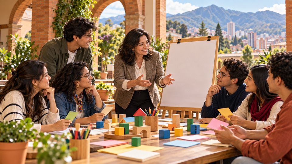 Docentes en un taller de innovación educativa, con Bogotá al fondo