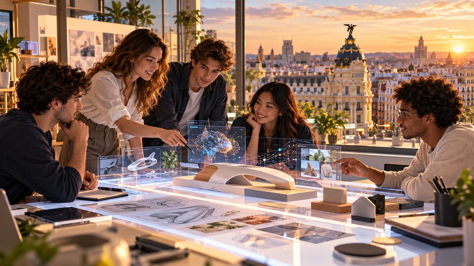Estudiantes diseñando con inteligencia artificial, con Madrid al fondo