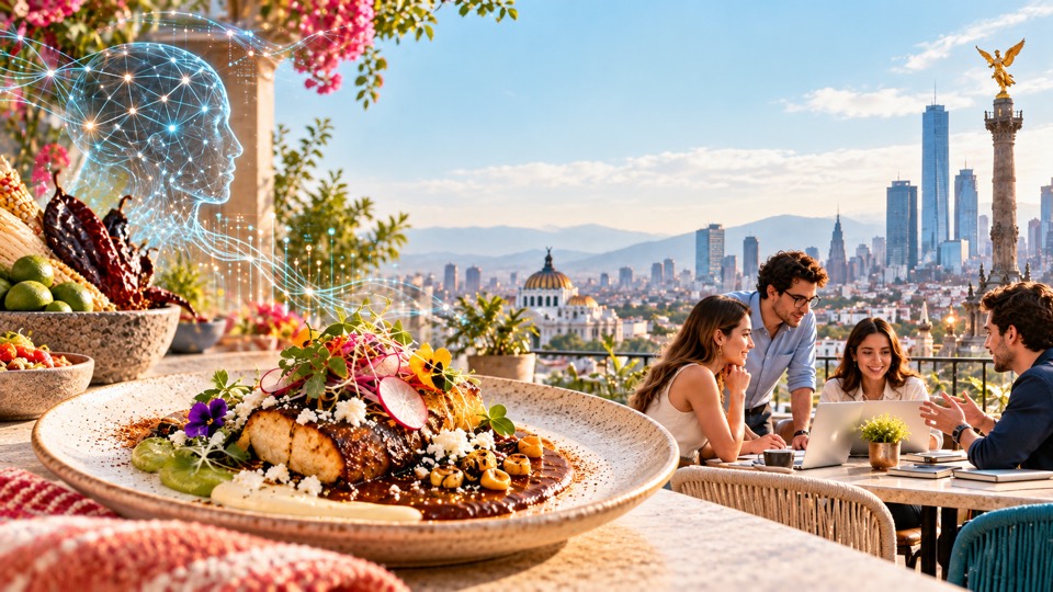 Gastronomía mexicana y estudiantes en una terraza, con la Ciudad de México al fondo