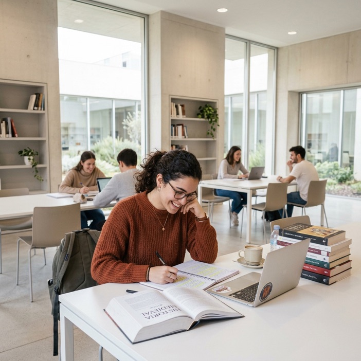 Estudiante trabajando con libros y portátil en una biblioteca
