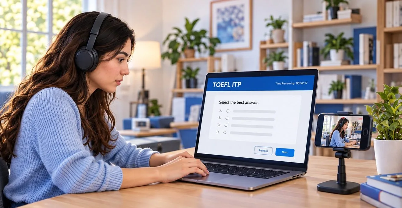 Estudiante rindiendo el TOEFL ITP Digital desde casa frente a su laptop