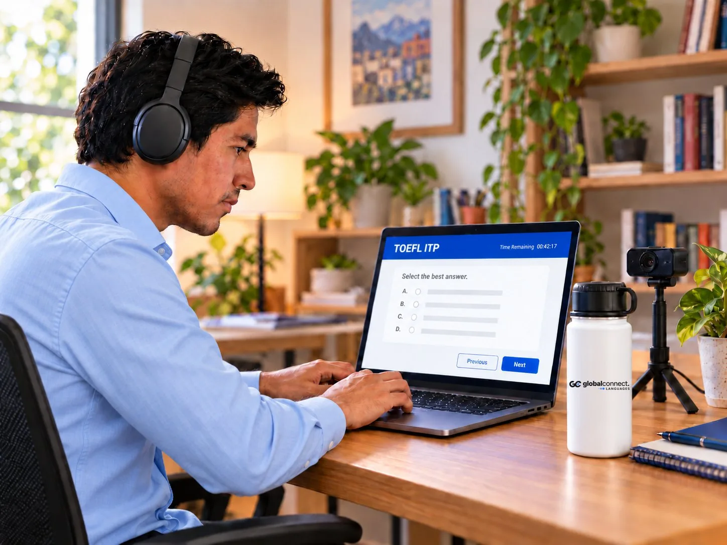 Estudiante rindiendo el TOEFL ITP Digital desde casa con audífonos y cámara web