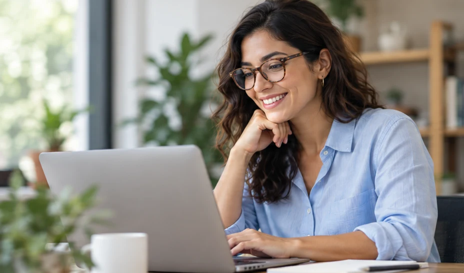 Docente sonriendo mientras usa Global Connect Learning en su laptop