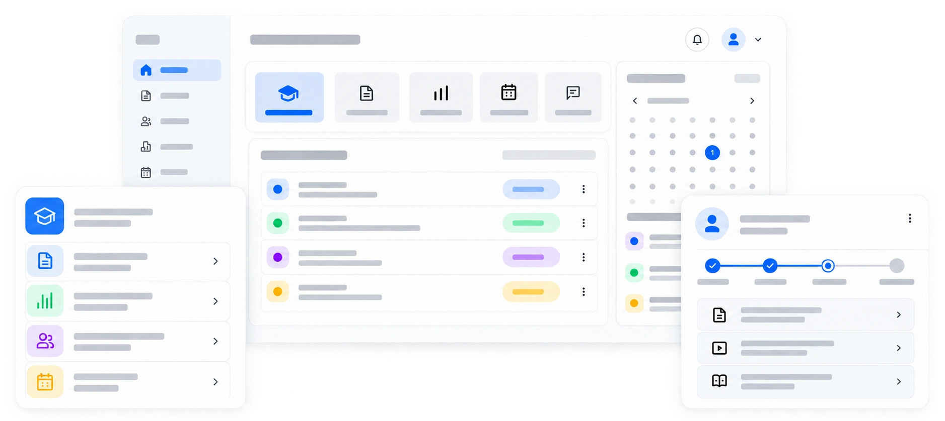 Vista de la plataforma Global Connect Learning: panel de cursos, documentos, progreso y calendario